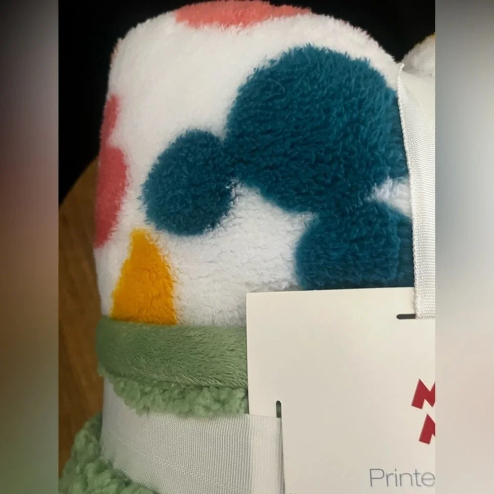 Disney Mickey Mouse Sherpa Throw Blanket Green w/Multi Colored Mickey Shapes 50